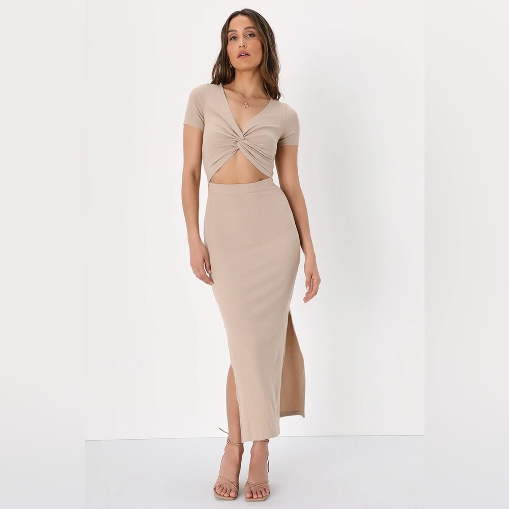 Lulu’s Twist Beige Twist Front Cutout Midi Dress